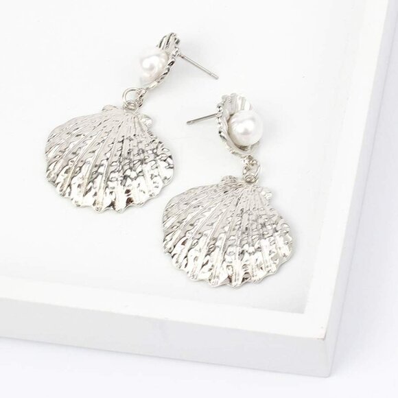 Silver Boho Shell Drop Earrings with Imitation Pearl for Women Holiday Jewelry - Picture 7 of 8